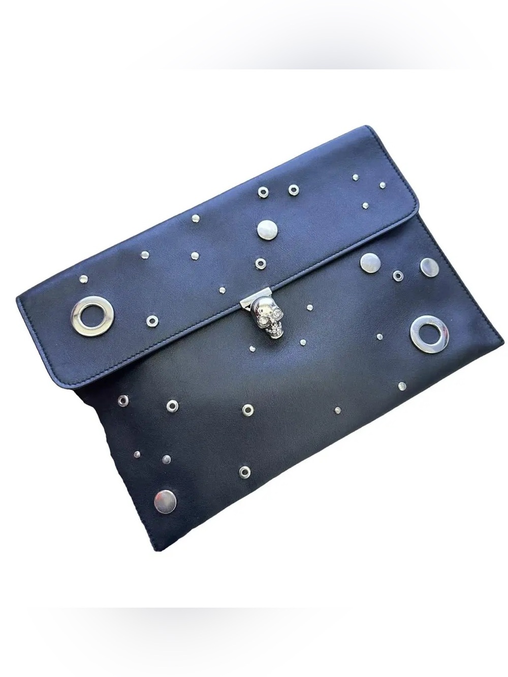 Alexander McQueen Black Leather Envelope Clutch/IPadcase with Silver Rings Detai